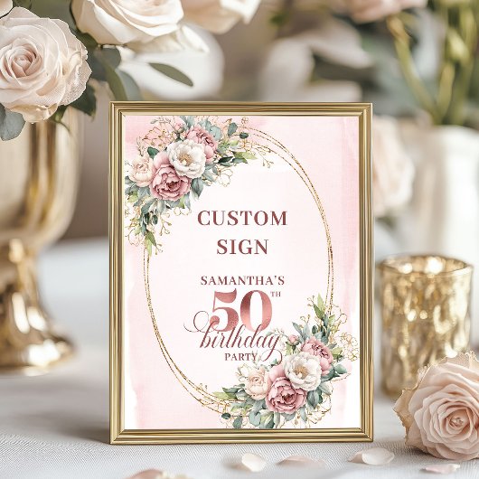 Poster Editable Elegant Greenery 50 Birthday Custom Sign