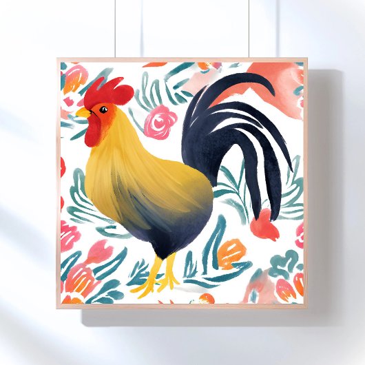 Poster Edna le coq | Aquarelle Floral Poulet