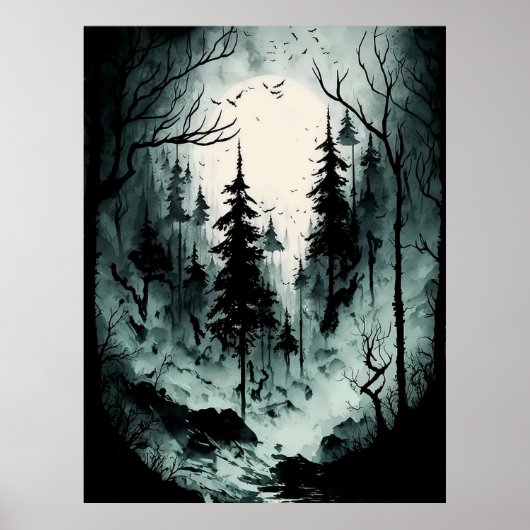 Poster Eerie Forêt d'encre noire et blanche dans le broui (Devant)