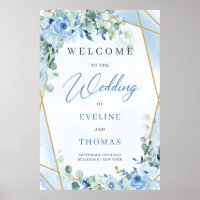 Eeucalyptus floral bleu glace et cadre or bienvenu