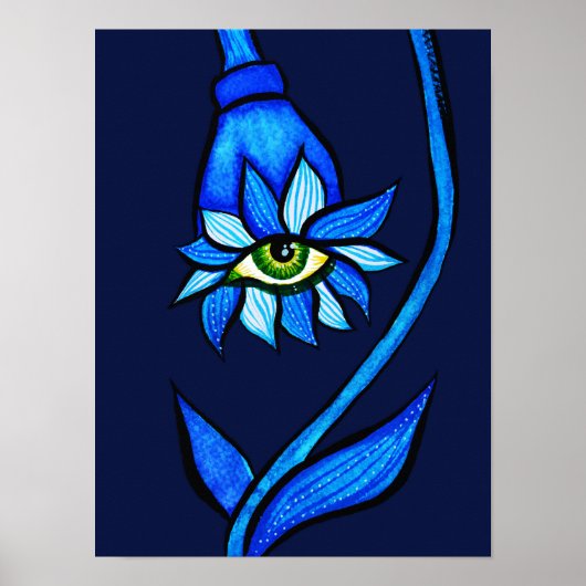 Poster Éffrayant Oeil Fleur Art Déplaisant En Bleu (Devant)