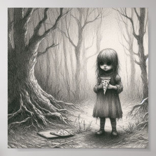 Poster Éffrayante fille avec Pizza Horreur Illustration D