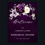 Poster Eggplant Purple Plum Boho Rehearsal Dinner Welcome<br><div class="desc">Elegant floral midsummer wedding rehearsal dinner welcome poster features a bouquet of watercolor roses peonies in shades of purple plum, champagne ivory floral and sage , lush green botanical eucalyptus leaves. Please find more matching designs and variations from my "blissweddingpaperie" store. And feel free to contact me for further customization...</div>