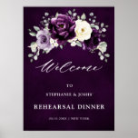 Poster Eggplant Purple Plum Boho Rehearsal Dinner Welcome<br><div class="desc">Elegant floral midsummer wedding rehearsal dinner welcome poster features a bouquet of watercolor roses peonies in shades of purple plum, champagne ivory floral and sage , lush green botanical eucalyptus leaves. Please find more matching designs and variations from my "blissweddingpaperie" store. And feel free to contact me for further customization...</div>