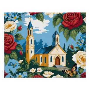 Poster Église avec des roses et papillon