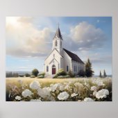 Poster Eglise blanche dans un champ floral religieux (Devant)