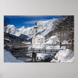 Poster Eglise dans la neige avec les Alpes