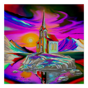 Poster Église dans le paysage psychédélique 1
