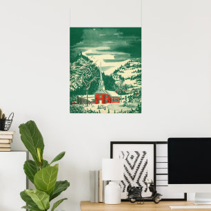 Poster Eglise de Noël Vintage, paysage de neige en hiver