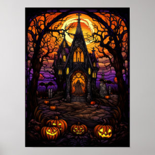 Poster Église épouvantable d'Halloween dans les bois en v