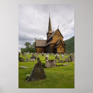Poster Eglise Stave avec cimetière en Norvège