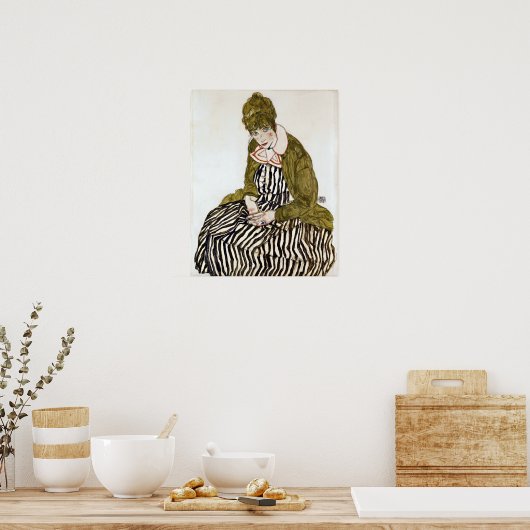 Poster Egon Schiele Edith avec robe rayée, assis (Cuisine)