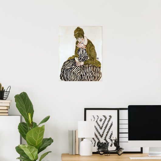 Poster Egon Schiele Edith avec robe rayée, assis (Bureau à domicile)