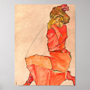 Poster Egon Schiele - Kneeling Female In Orange Red Dress