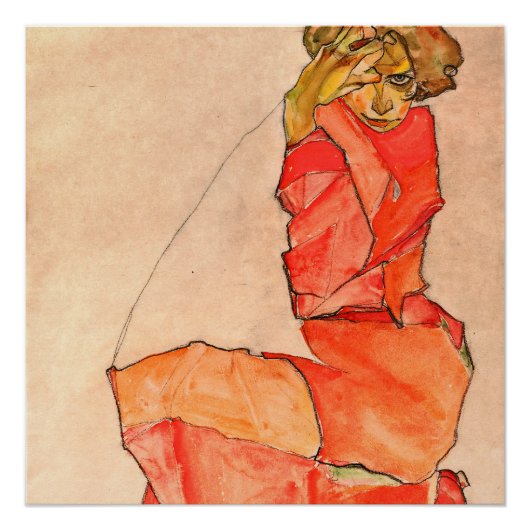 Poster Egon Schiele - Kneeling Femme En Robe Rouge Orange (Devant)