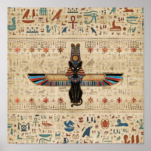Poster Egyptian Cat - Bastet on papyrus (Devant)