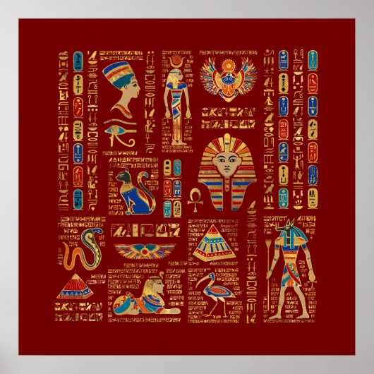 Poster Egyptian hieroglyphs and deities on red (Devant)
