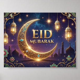 Poster Eid Moubarak élégant Or et bleu marine 