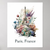 Poster Eiffel Tour Fleur Floral Aquarelle Paris France (Devant)