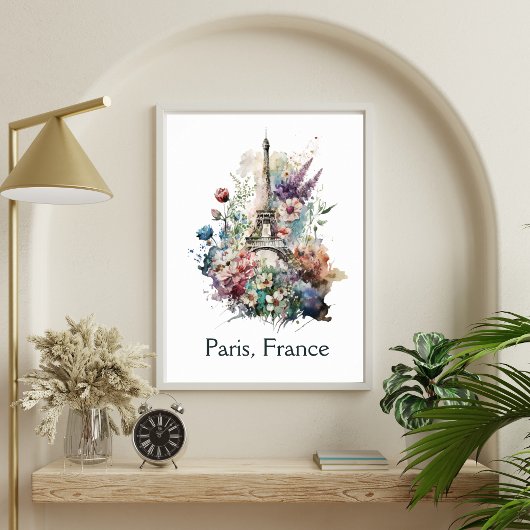 Poster Eiffel Tour Fleur Floral Aquarelle Paris France