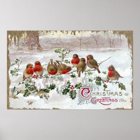 Poster Eight English Robins on Holly Vintage Christmas (Devant)