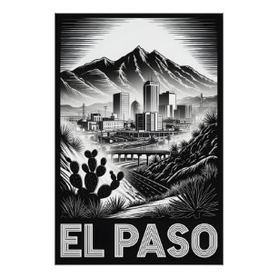 Poster El Paso Texas Skyline Noir et Blanc Gravure sur Bo