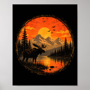 Poster Élan coucher de soleil montagne forêt lac désert