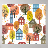 Poster Elégance d'automne : Aquarelle Ville et arbres (Devant)