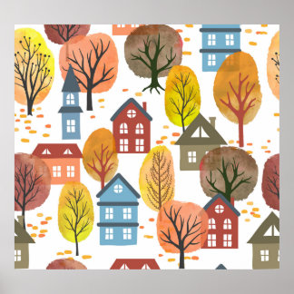 Poster Elégance d'automne : Aquarelle Ville et arbres