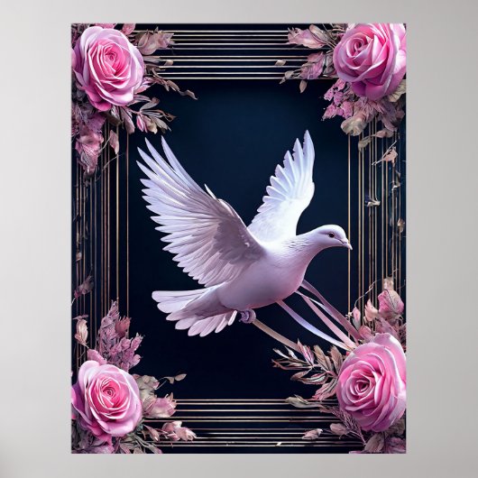 Poster Élégance de la colombe blanche avec des roses rose (Devant)