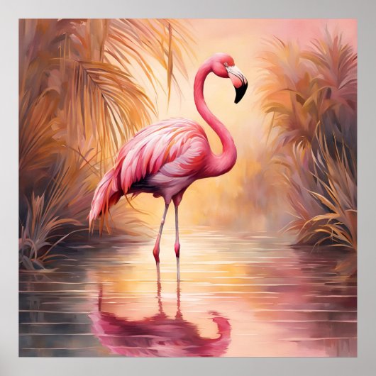 Poster Élégance du flamant rose Golden Blush (Devant)