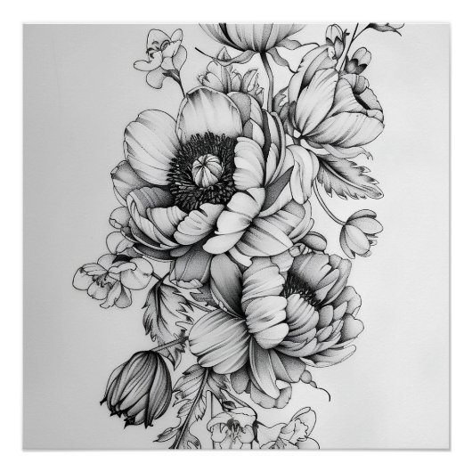 Poster Élégance florale en noir et blanc (Devant)