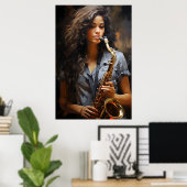 Poster Elegance in Oil : Un saxophoniste dynamique (Bureau à domicile)