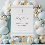 Poster Elégance moderne garçons Baptême Accueil<br><div class="desc">Cette Affiche de bienvenue moderne Elegance Boys Baptism est chic et propre signe avec des rayures bleues douces et une croix minimale. Type personnalisable gris vous permet de modifier toutes les informations de la carte à votre goût. Parfait pour le baptême d'un petit garçon.</div>