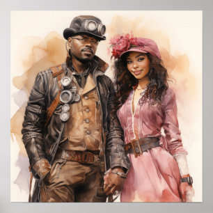 Poster Elégance Retro Steampunk Couple Ar Distingué