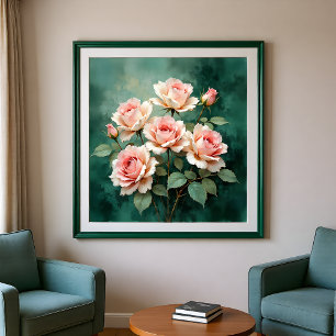 Poster Élégance Rose Rougeâtre sur Jade Profond