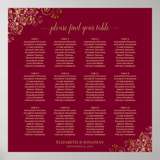 Poster Élégant 12 Table Burgundy & Gold Seating Chart (Devant)
