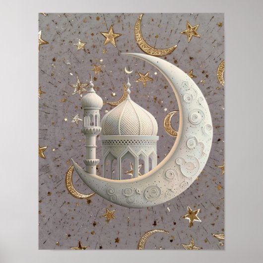 Poster Elegant 3D White Crescent & Mosque Ramadan Design (Devant)