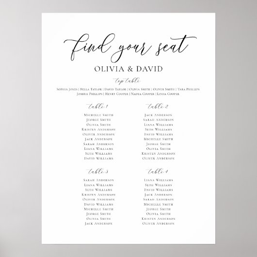 Poster Elégant 4 Tables Trouvez Votre Siège Carte De Sièg (Devant)