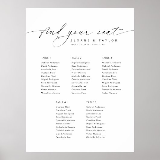 Poster Elégant 5 tables Welcome Seating Chart (Devant)