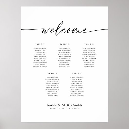 Poster Elégant 5 tables Welcome Seating Chart (Devant)