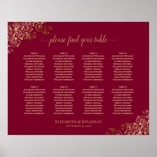 Poster Elégant 8 Table Gold & Burgundy Seating Chart (Devant)