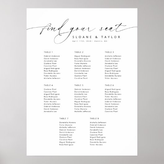 Poster Elégant 8 Tables Welcome Seating Chart (Devant)