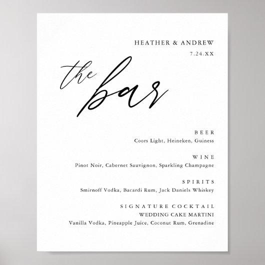Poster Élégant alcool Boissons Mariage Bar Menu (Devant)