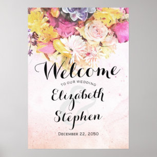 Poster Élégant Aquarelle Fleurie Mariage Bienvenue