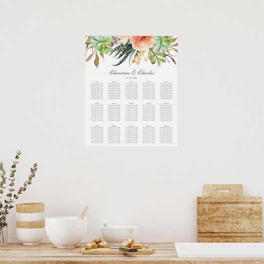 Poster Elégant aquarelle Succulent Mariage Seating Chart (Cuisine)