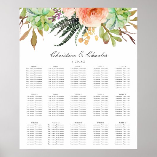 Poster Elégant aquarelle Succulent Mariage Seating Chart (Devant)