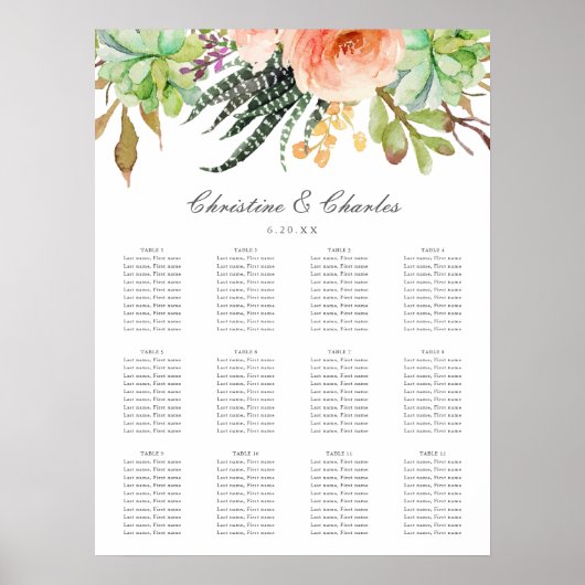 Poster Elégant aquarelle Succulent Mariage Seating Chart (Devant)