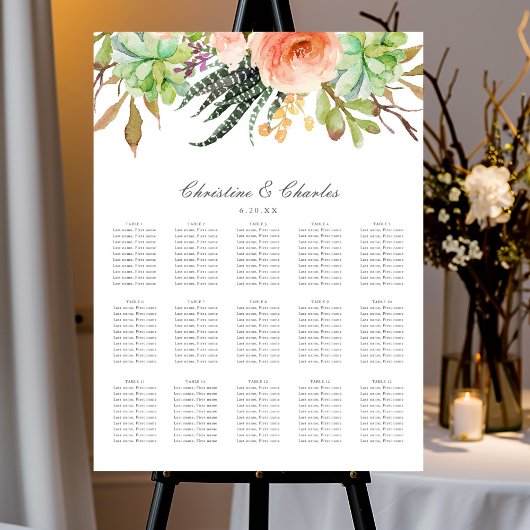 Poster Elégant aquarelle Succulent Mariage Seating Chart