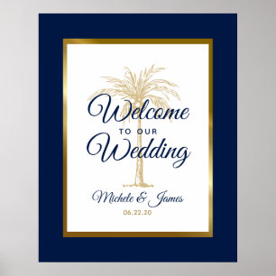 Poster Élégant Arbre à Palmes Doré Bleu Marine Mariage Bi